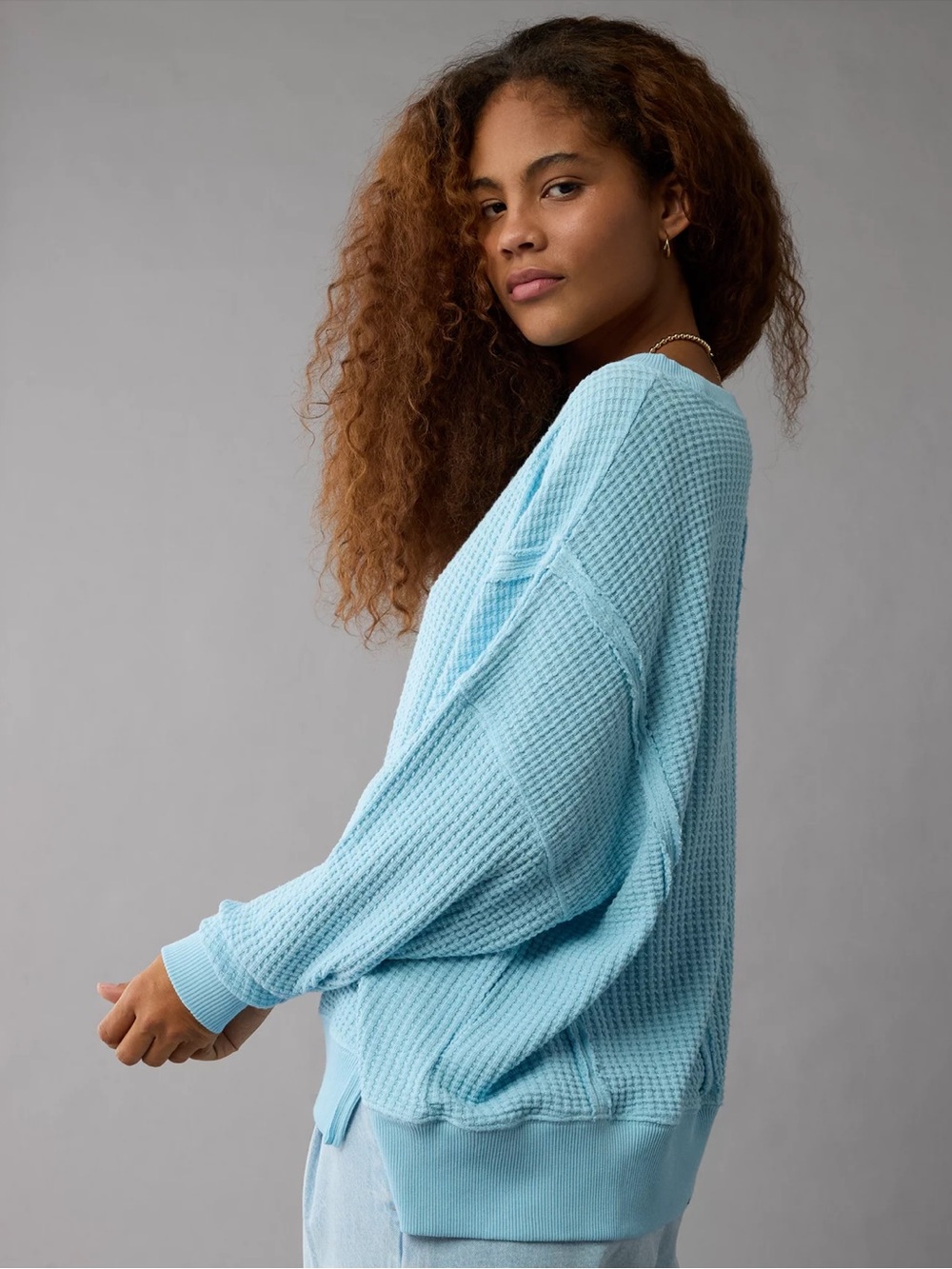American Eagle Big Hug Oversized Light Blue Waffle Knit Sweatshirt Women's XXS